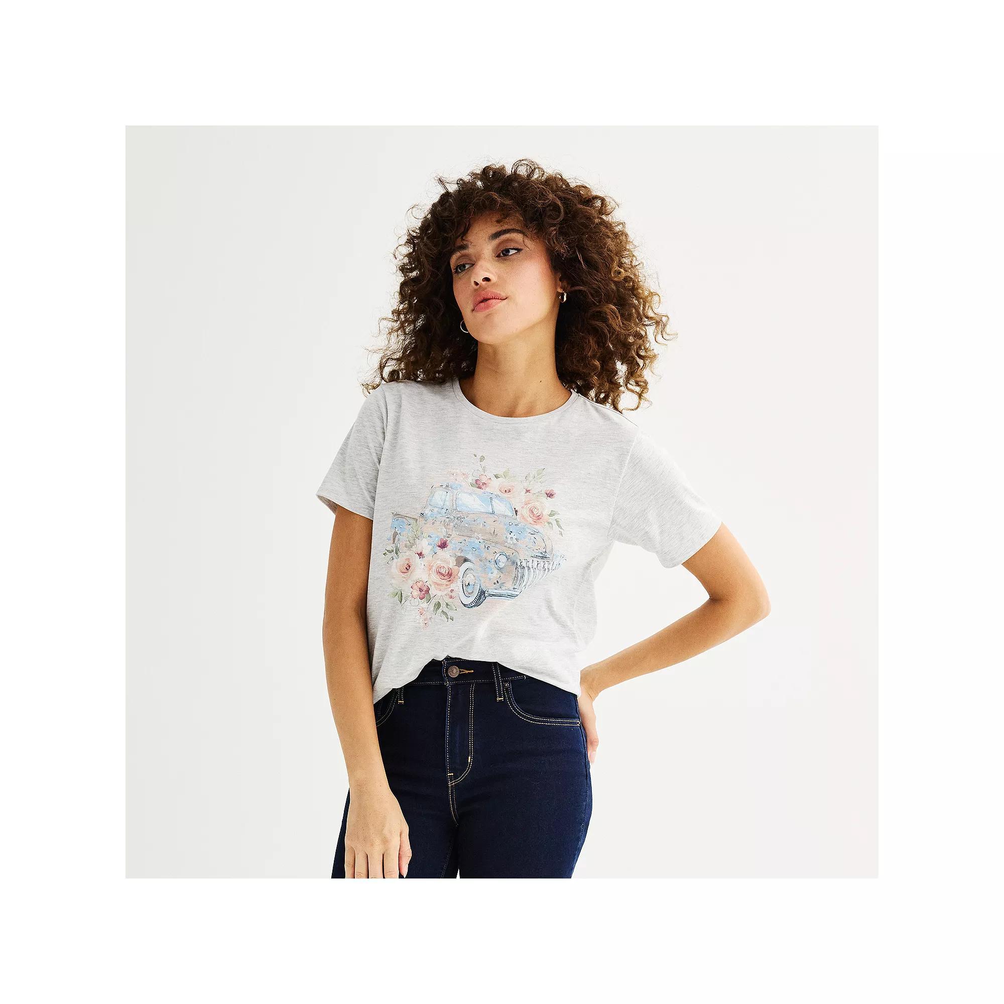 Women's Floral Ditsy Truck Short Sleeve Graphic Tee, Size: Small, Oatmeal Grey Product Image