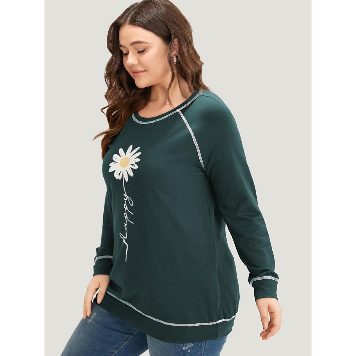 Plus Size Floral Print Stitch Crew Neck Raglan Sleeve Sweatshirt Women ArmyGreen Casual Elastic cuffs Dailywear Sweatshirts BloomChic 10/M Product Image