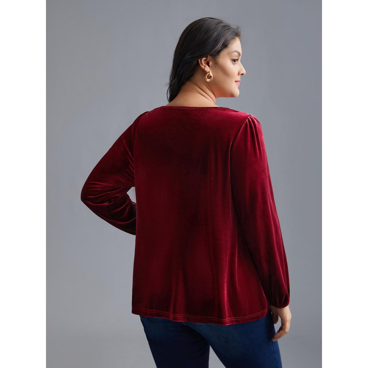 Plus Size Scarlet Plain Round Neck Gathered Velvet Blouse Women Elegant Long Sleeve Round Neck Everyday Blouses BloomChic 30/6X Product Image