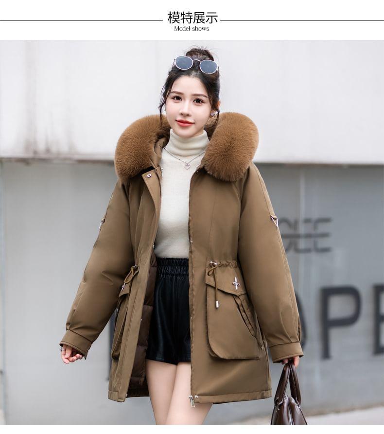 Furry Trim Hooded Zip-Up Parka Product Image