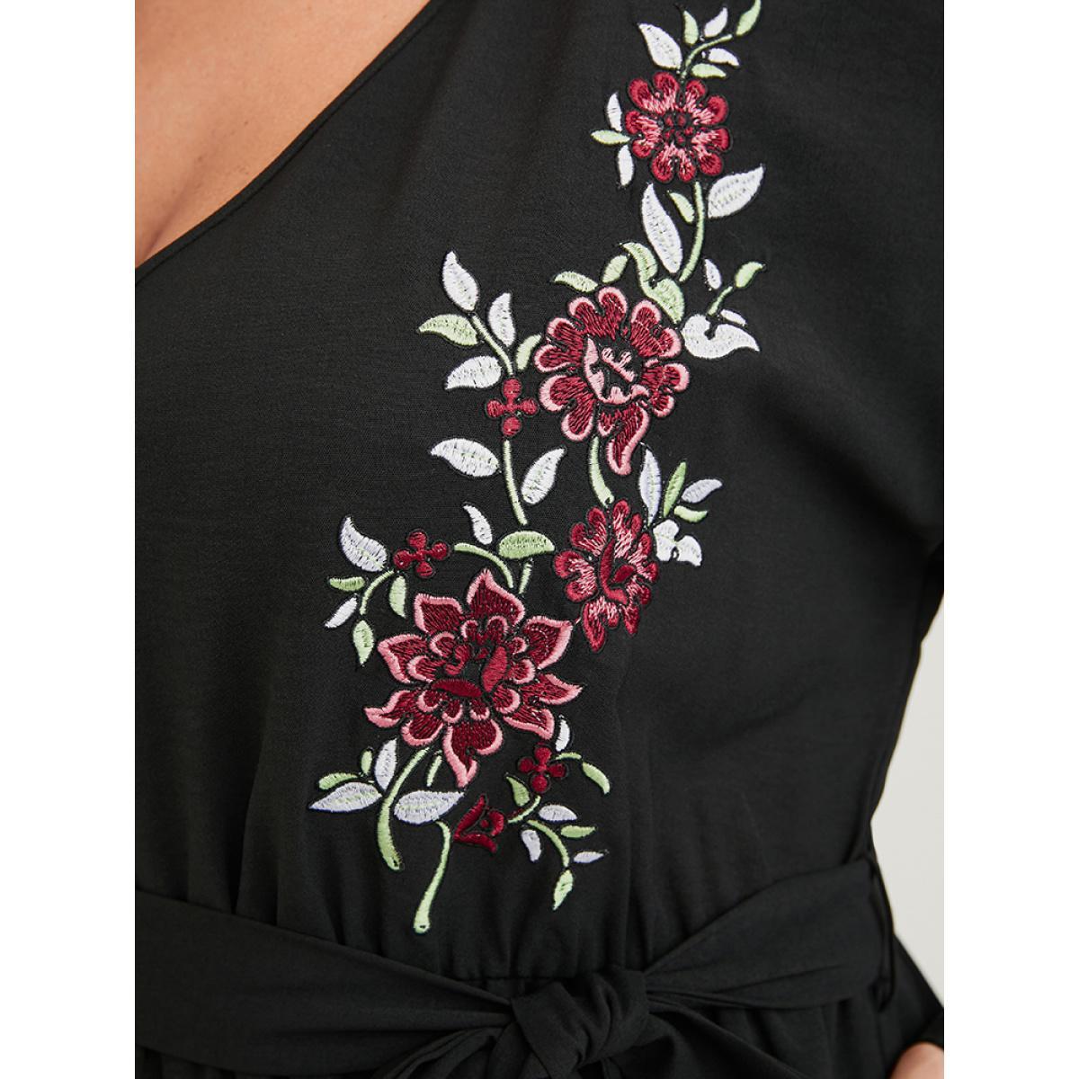 Plus Size Black Solid Embroidered Pocket Belted Jumpsuit Women Elegant Long Sleeve V-neck Dailywear Loose Jumpsuits BloomChic 28/5X Product Image