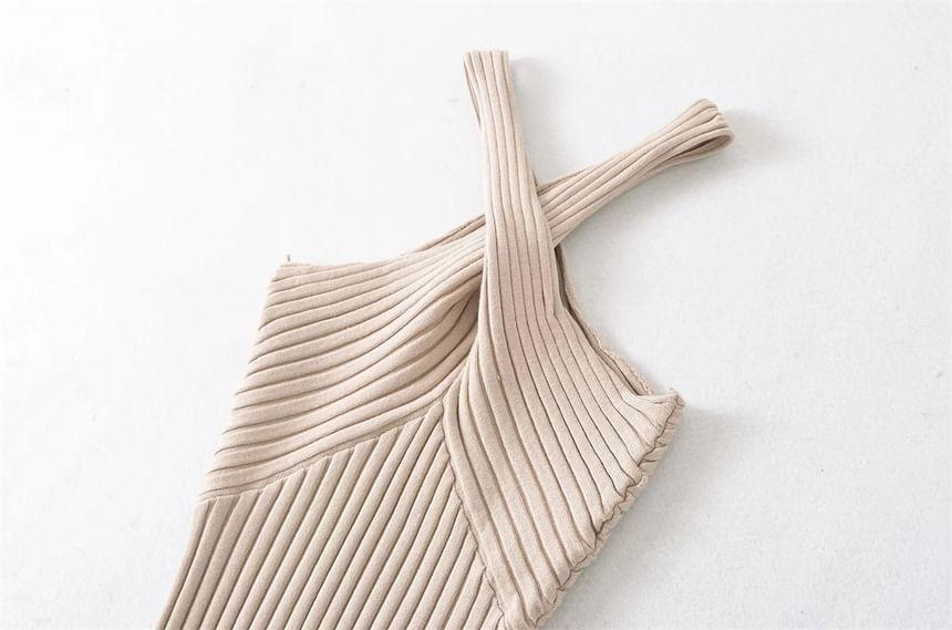 Halter Plain Ribbed Knit Maxi Sheath Dress Product Image