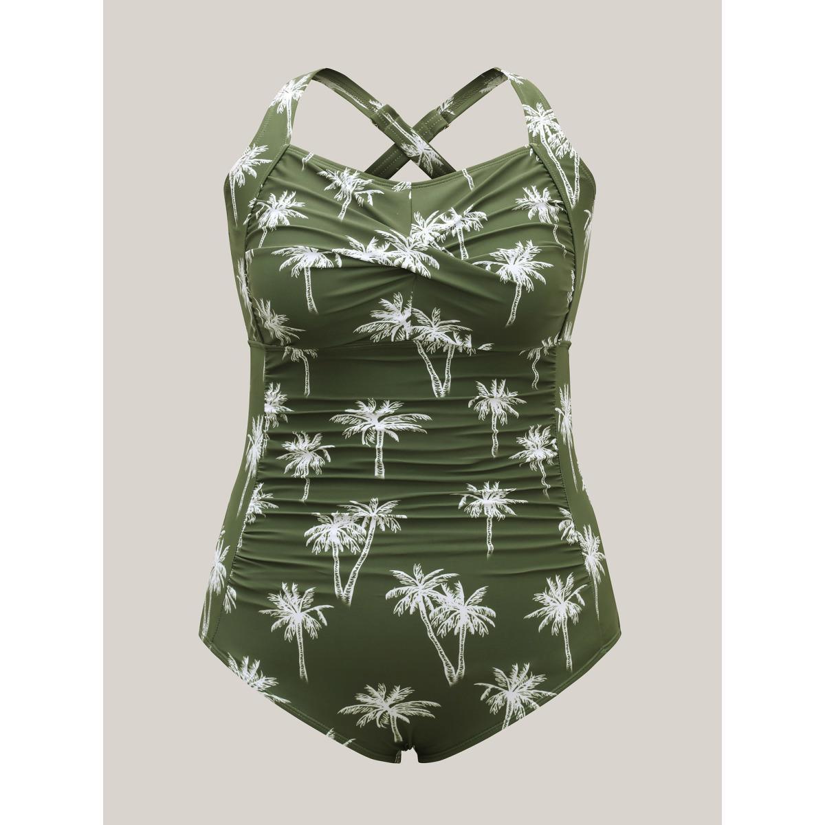Plus Size Twist Front Tropical Print One-Piece Swimsuit Women's Swimwear ArmyGreen Beach Twist Curve Bathing Suits High stretch One Pieces BloomChic 22-24/3X Product Image