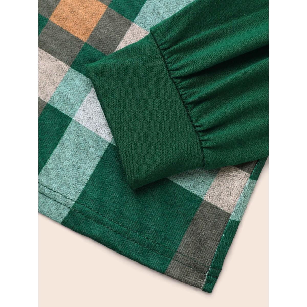 Plus Size Plaid Patchwork Solid Long-Sleeves Tee DarkGreen Women Casual Contrast Round Neck Everyday T-shirts BloomChic 30/6X Product Image