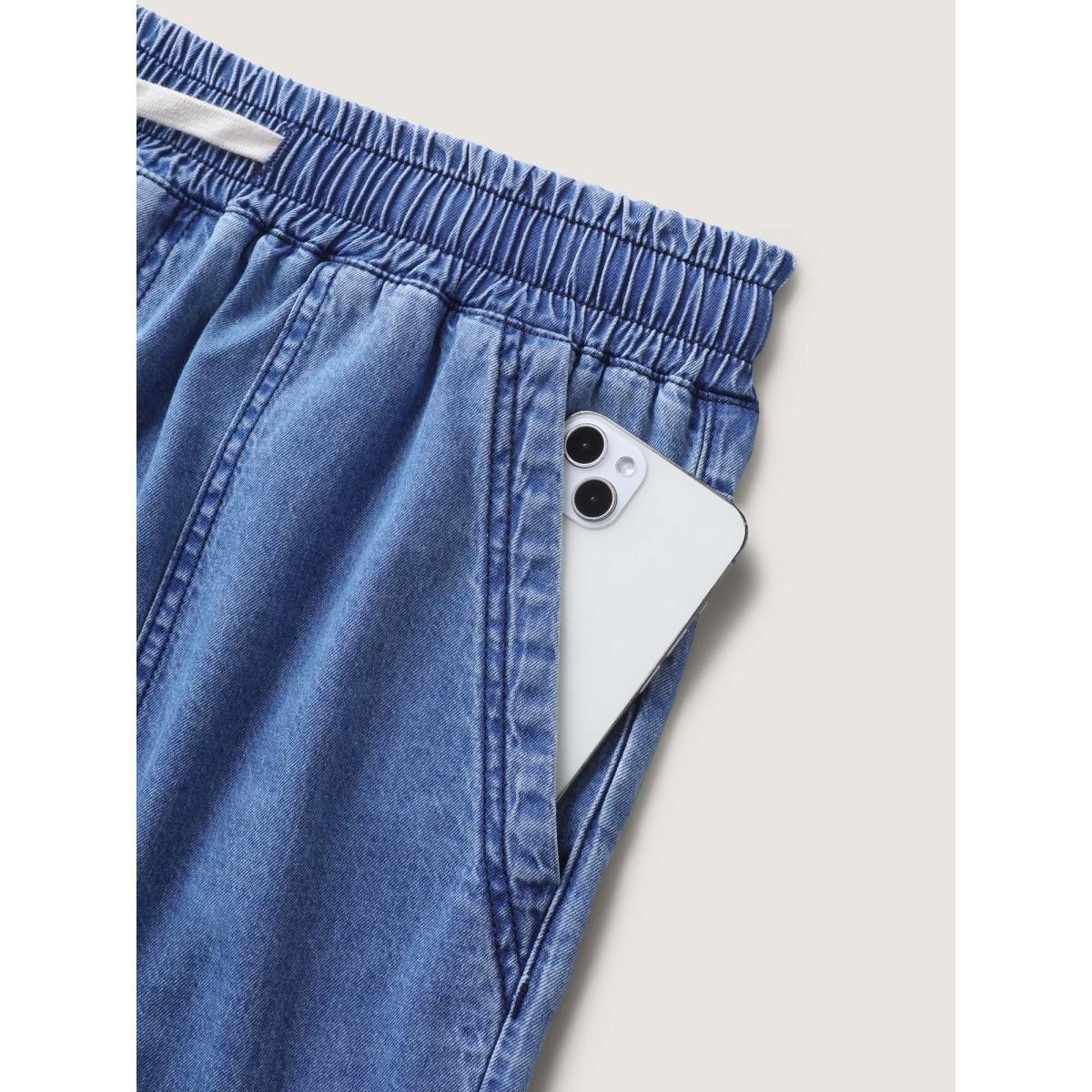 Plus Size Cotton Stretchy Waist Drawstrings Denim Shorts Women Midblue No stretch Everyday-Casual Slanted pocket Denim Shorts BloomChic 28/5X Product Image