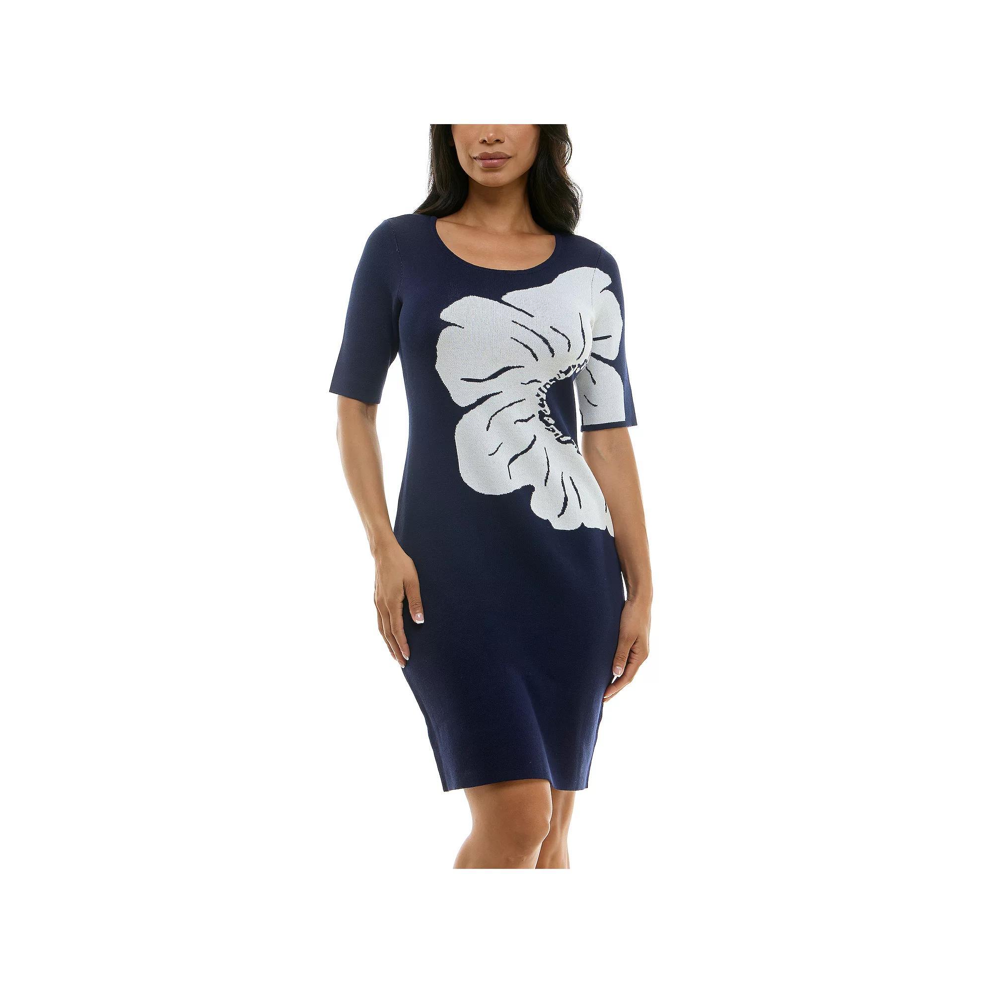 Women's Nina Leonard Flower Sheath Sweater Dress, Size: XL, Blue Team Product Image