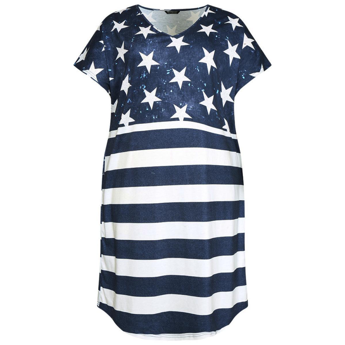Plus Size Star & Striped Contrast Dolman Sleeve Arc Hem Dress Indigo Women Casual Pocket V-neck Short sleeve Curvy Midi Dress BloomChic 22-24/3X Product Image