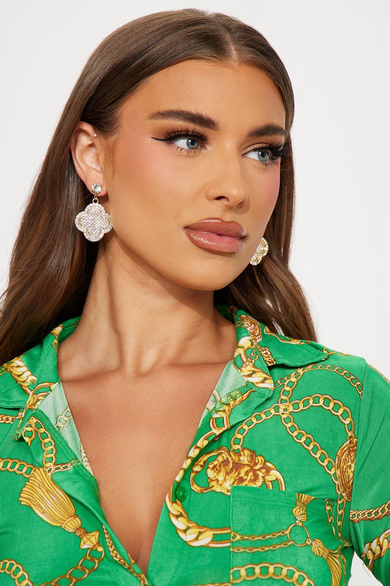 Clover Rhinestone Earrings - Gold Product Image