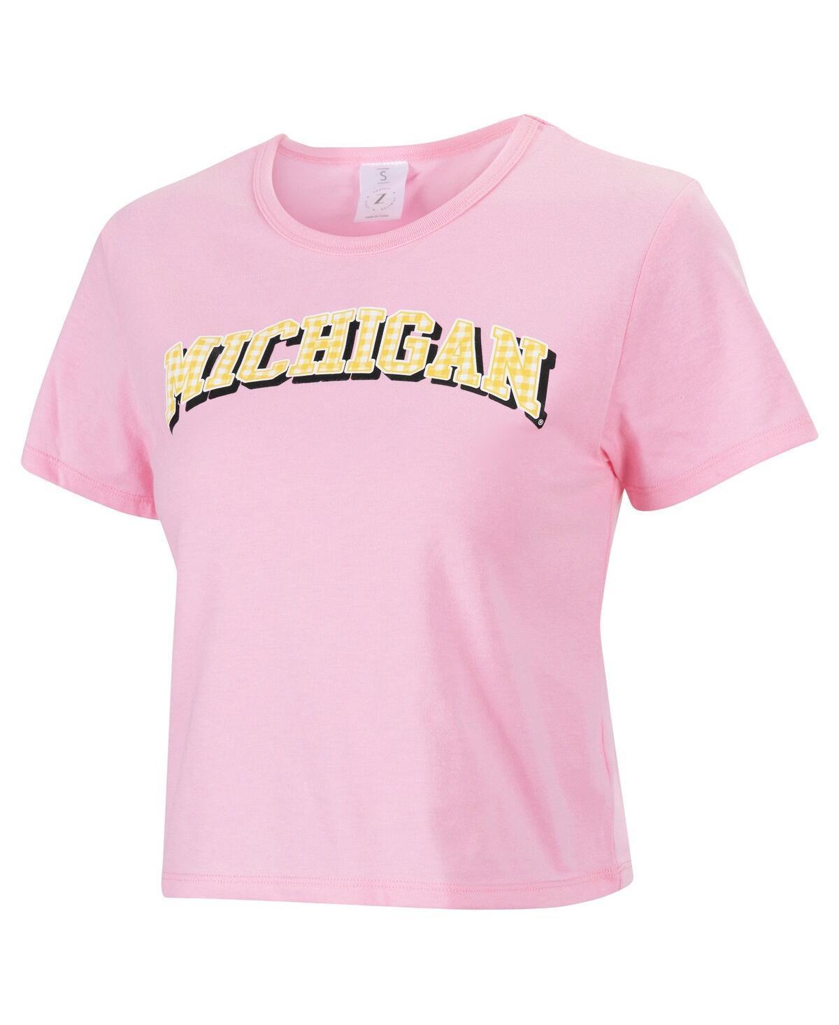 Women's ZooZatz Pink Michigan Wolverines Gingham Logo Cropped T-Shirt, Size: XL Product Image