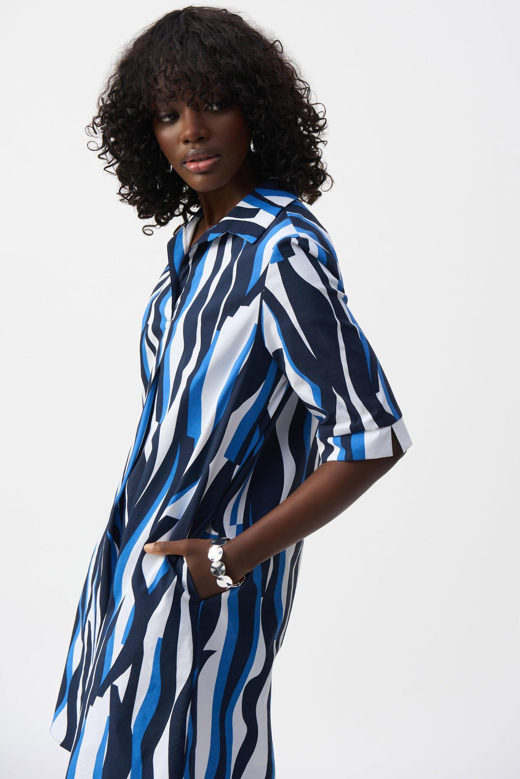 Stretch Poplin Trapeze Shirt Dress- Vanilla/Multi Product Image