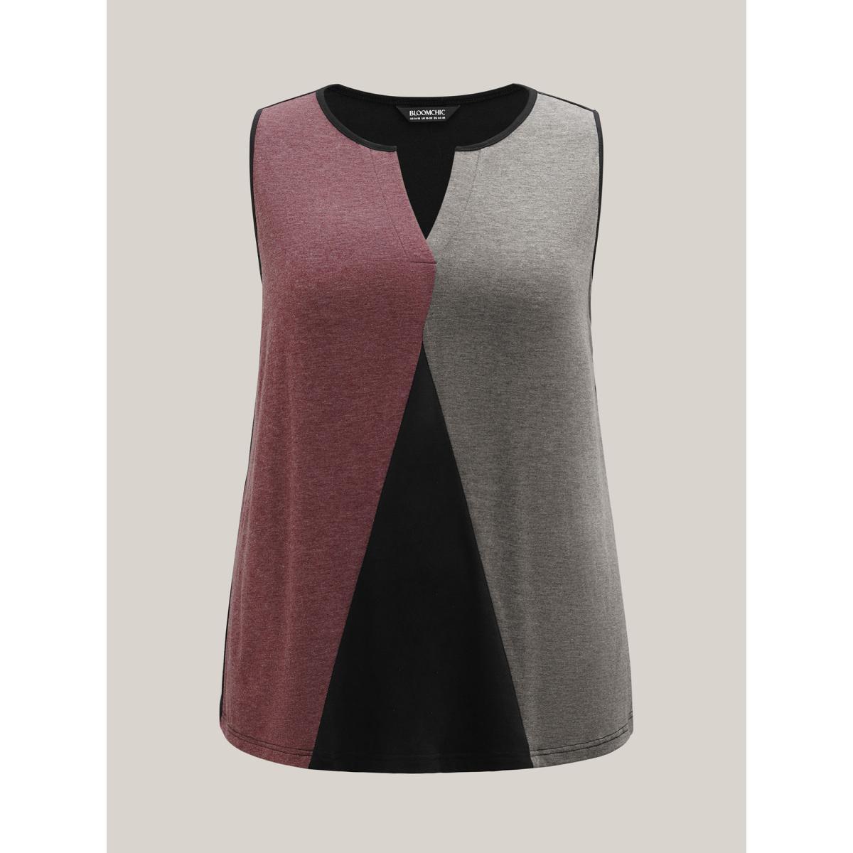 Plus Size Color Block Flowy Split Neck Tank Top Women Black Contrast Notched collar Everyday-Casual Tank Tops Camis BloomChic 26/4X Product Image