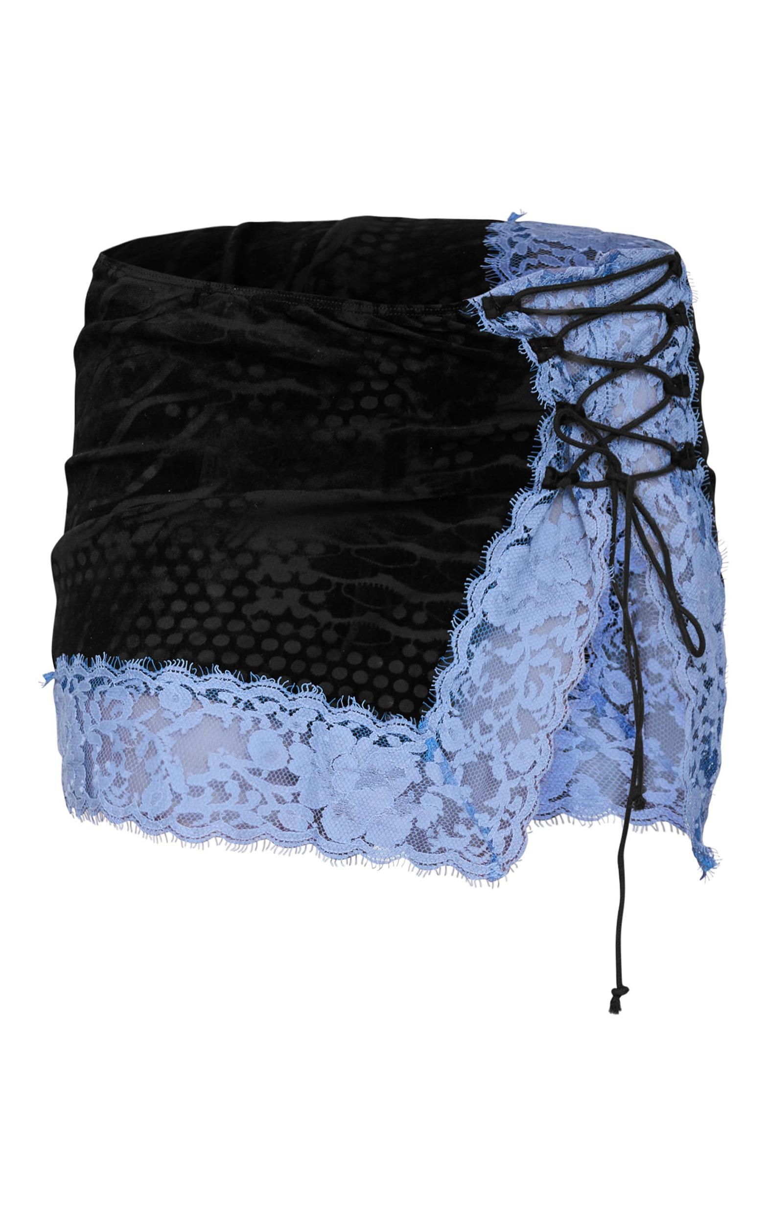Black Devore Lace Trim Tie Front Detail Mini Skirt Product Image