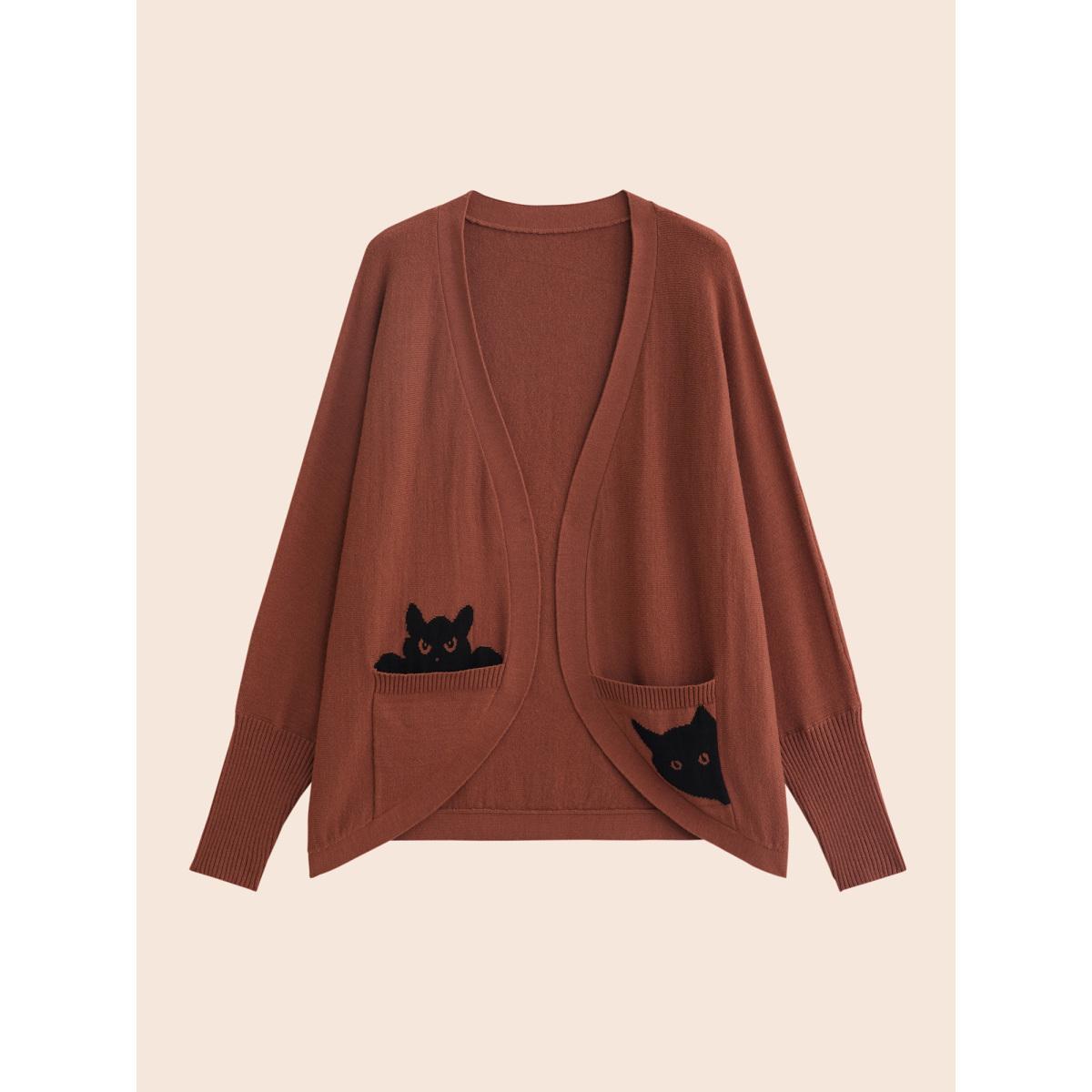 Plus Size Cat Printed Pockets Arc Hem Cardigan Browncoffeecolor Women Casual Loose Long Sleeve Everyday Cardigans BloomChic 14-16/1X Product Image