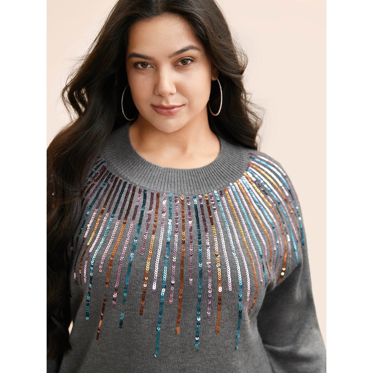 Plus Size Supersoft Essentials Sequin Raglan Sleeve Pullover DimGray Women Casual Loose Long Sleeve Round Neck Everyday Pullovers BloomChic 10/M Product Image