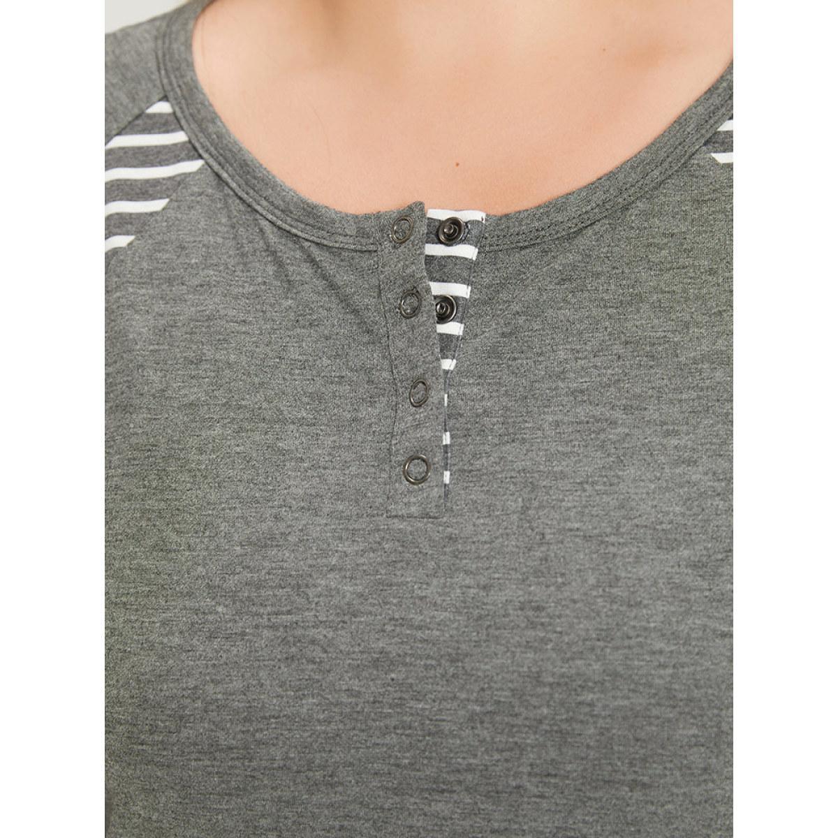 Plus Size Striped Patchwork Button Up Round Neck T-shirt DimGray Women Casual Contrast Striped Round Neck Dailywear T-shirts BloomChic 10/M Product Image