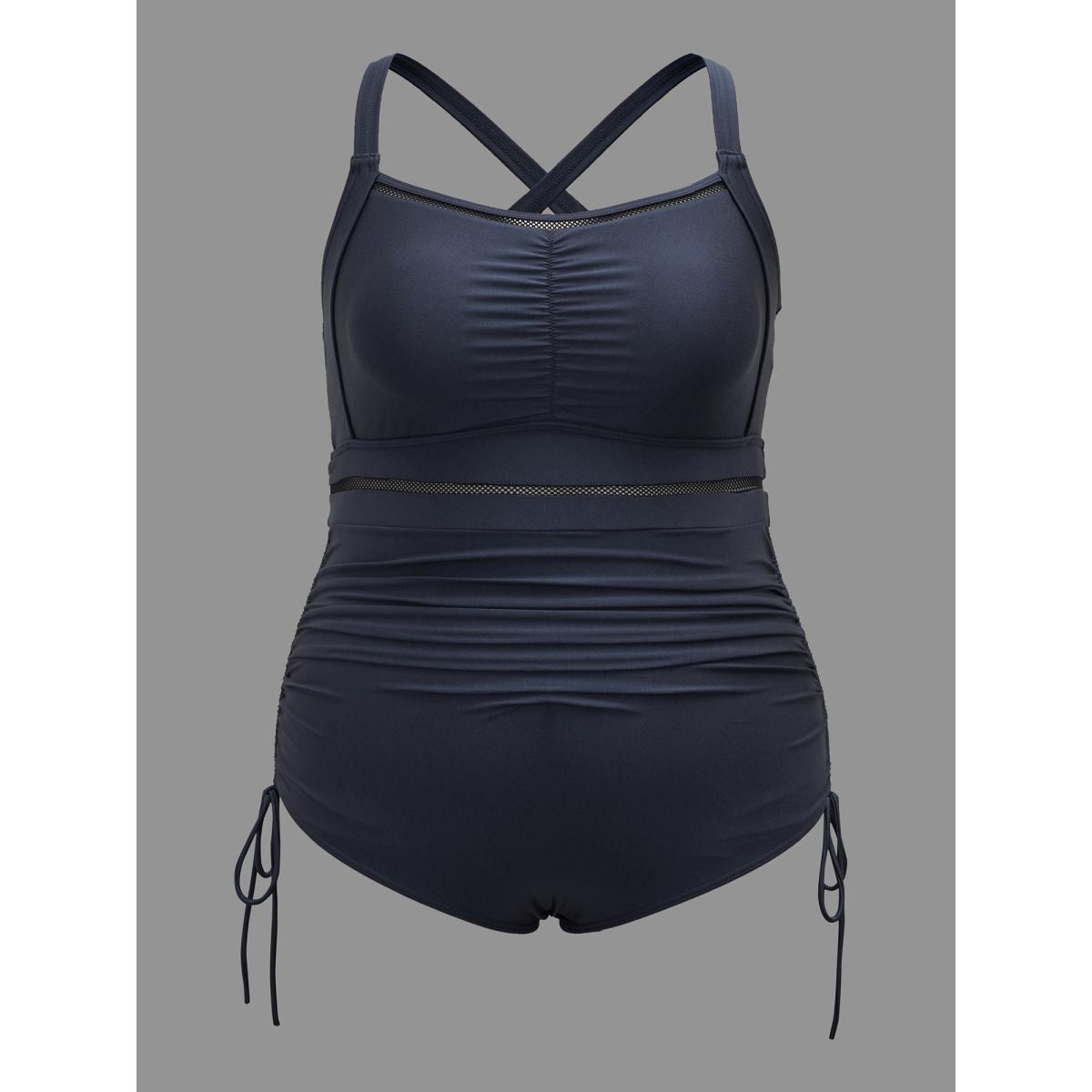 Plus Size Ruched Front Adjustable Drawstring One-Piece Swimsuit Women's Swimwear Indigo Beach Woven ribbon&lace trim Curve Bathing Suits High stretch One Pieces BloomChic 12/L Product Image