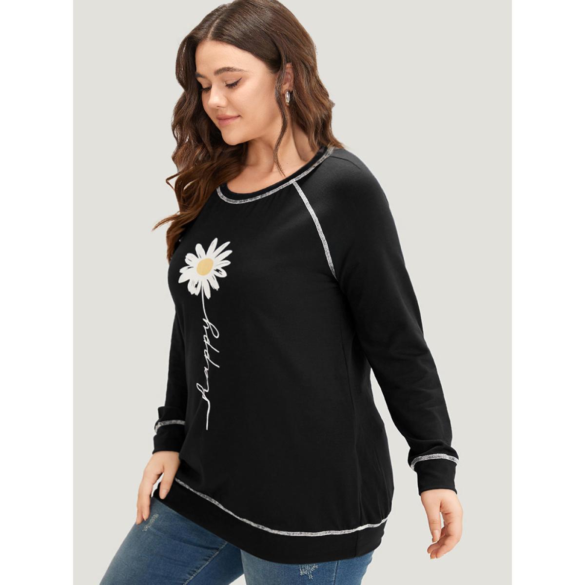 Plus Size Floral Print Stitch Crew Neck Raglan Sleeve Sweatshirt Women Black Casual Elastic cuffs Dailywear Sweatshirts BloomChic 10/M Product Image