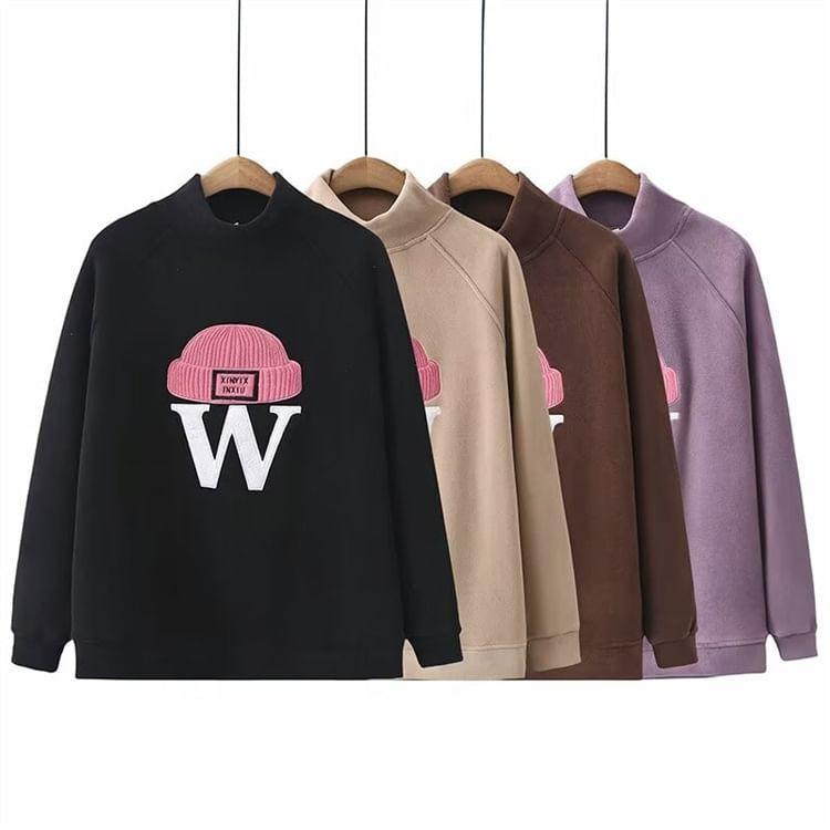 Plus Size Raglan-Sleeve Turtleneck Beanie Applique Sweatshirt Product Image