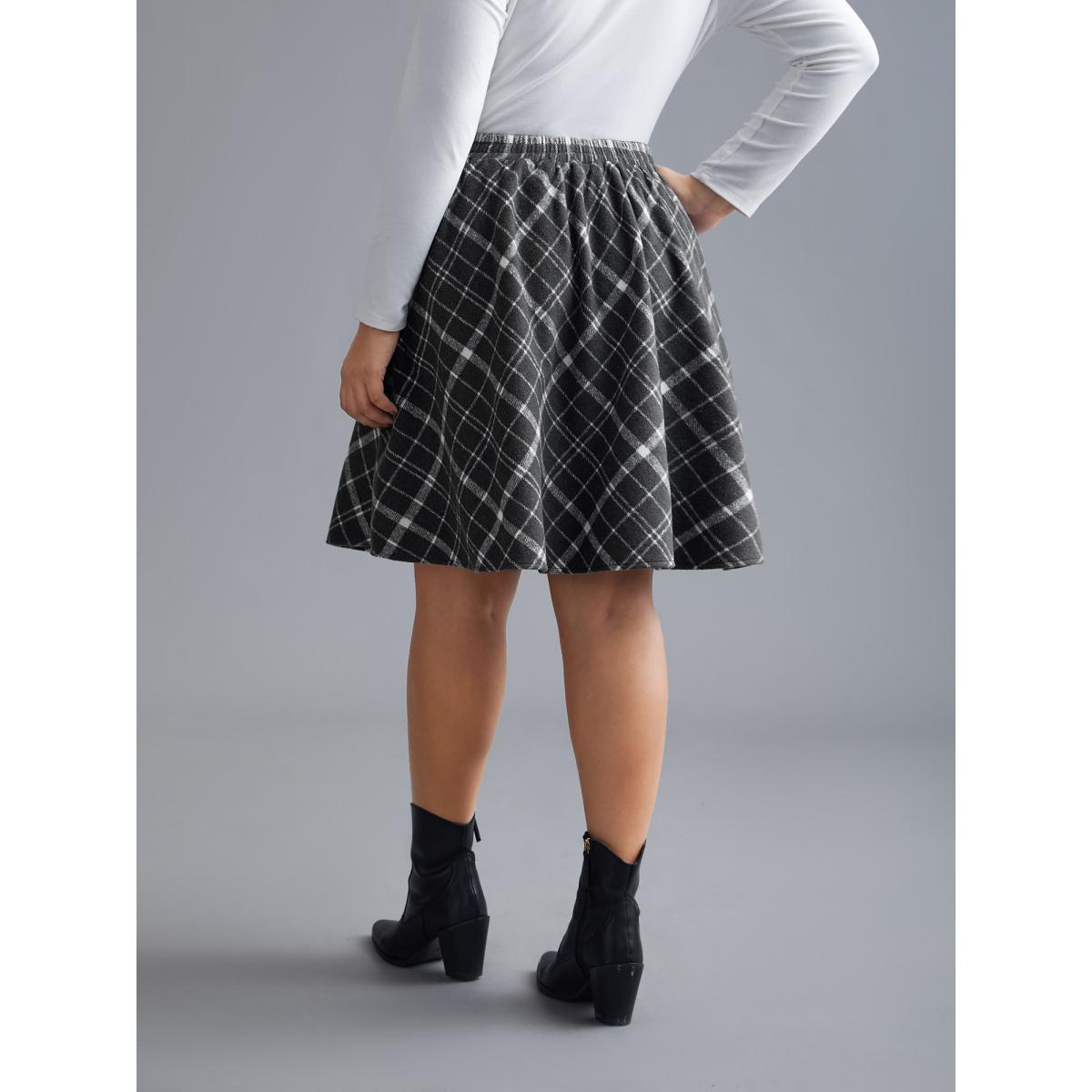 Plus Size Plaid Pattern Elastic Waist A-line Mini Skirt Women DarkGray Elegant Low stretch Slanted pocket Everyday Skirts BloomChic 30/6X Product Image