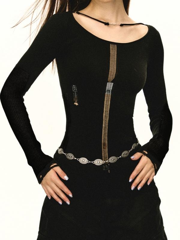 Cutout Ripped Scoop Neck Slim Long Sleeve Knit Product Image