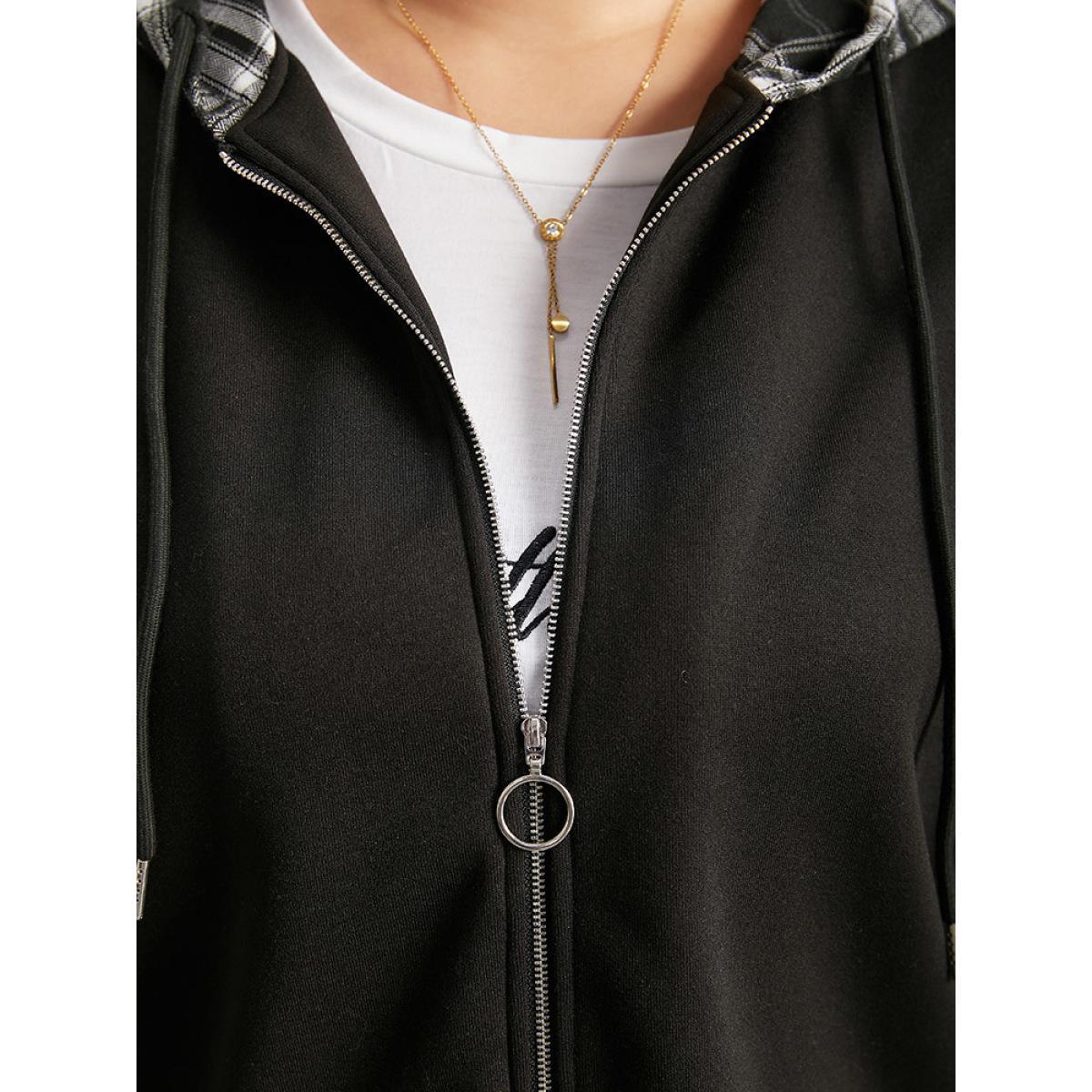 Plus Size Plaid Patchwork O Ring Zipper Hooded Drawstring Jacket Women Black Contrast Dailywear Jackets BloomChic 28/5X Product Image
