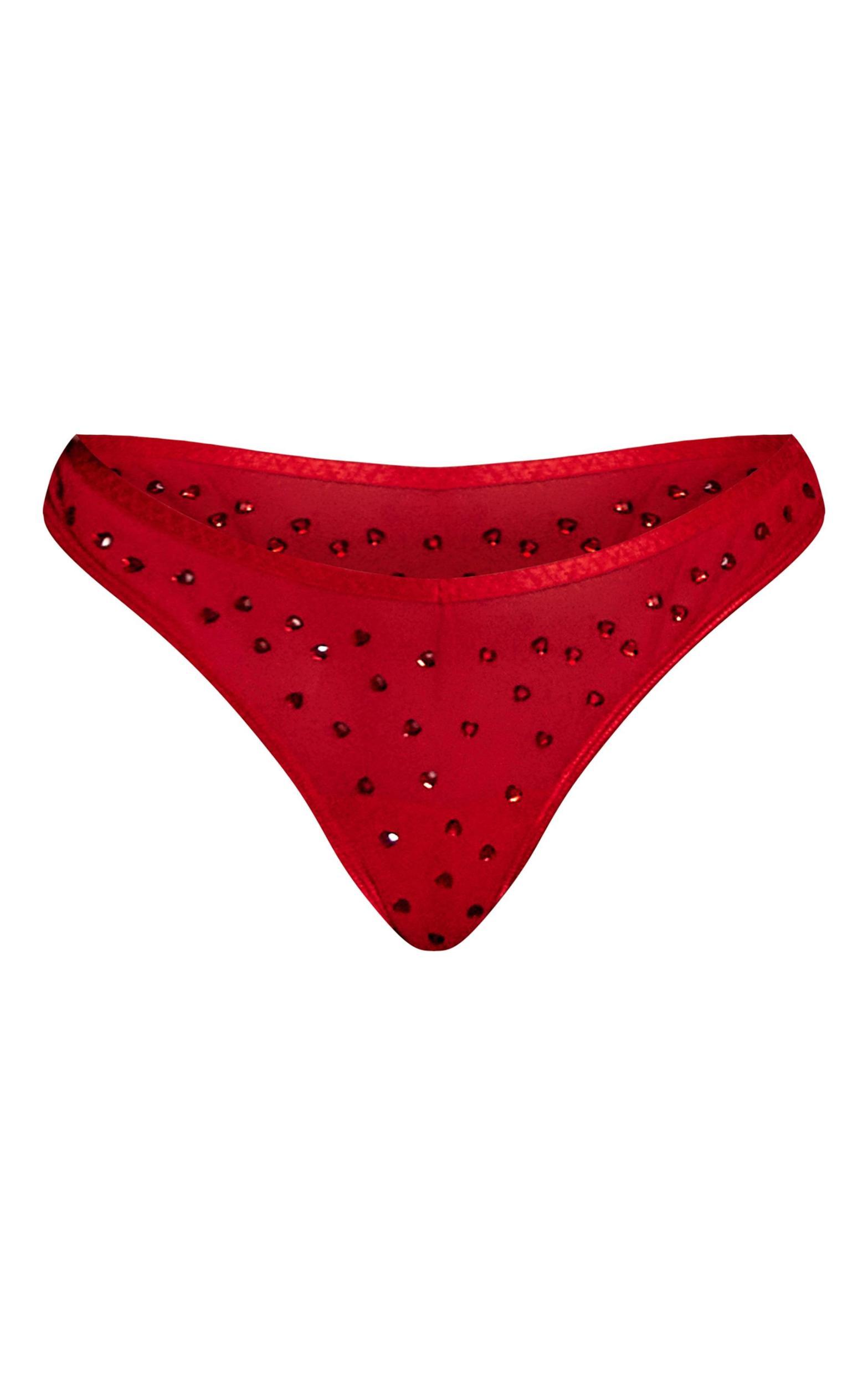 Red Mesh Diamante Heart Thong Product Image