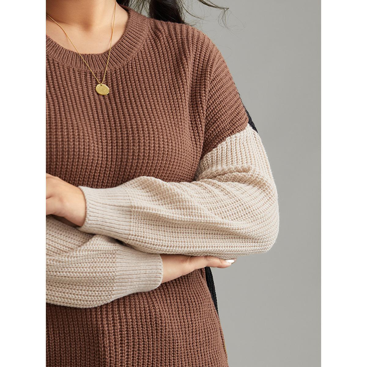 Plus Size Patchwork Colorblock Contrast Drop Shoulder Pullover Multicolor Women Casual Loose Long Sleeve Round Neck Dailywear Pullovers BloomChic 22-24/3X Product Image
