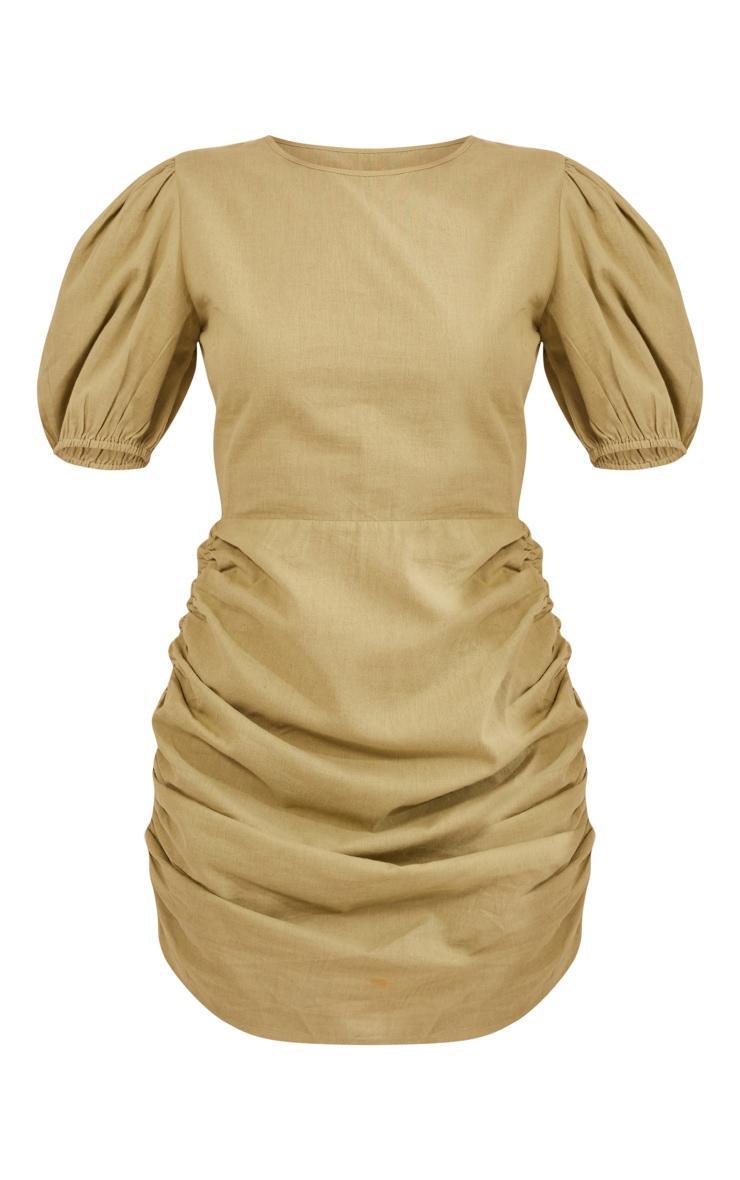 Khaki Linen Scoop Neck Ruched Skirt Bodycon Dress Product Image