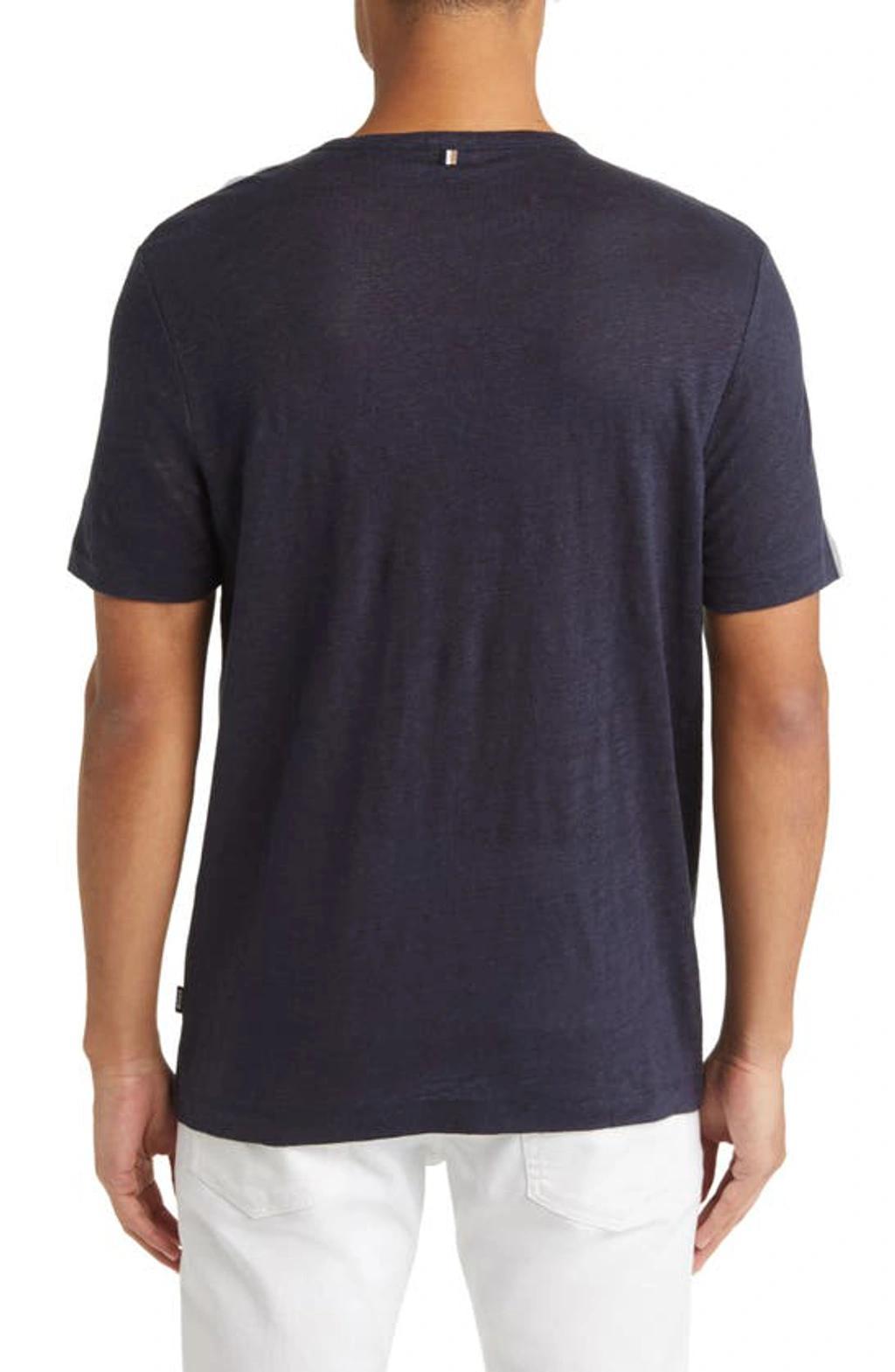 HUGO BOSS Tiburt Slub Linen T-shirt In Dark Blue Product Image