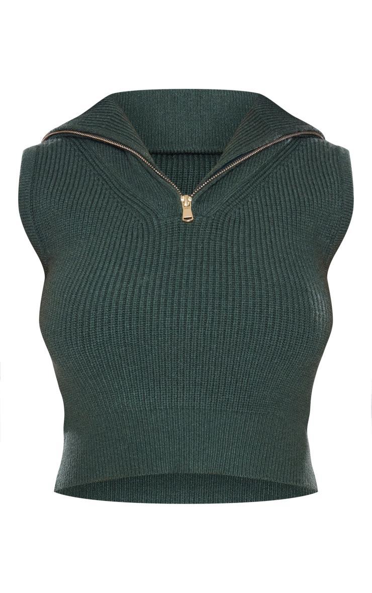 Deep Teal High Neck Half Zip Knit Sleeveless Top Product Image