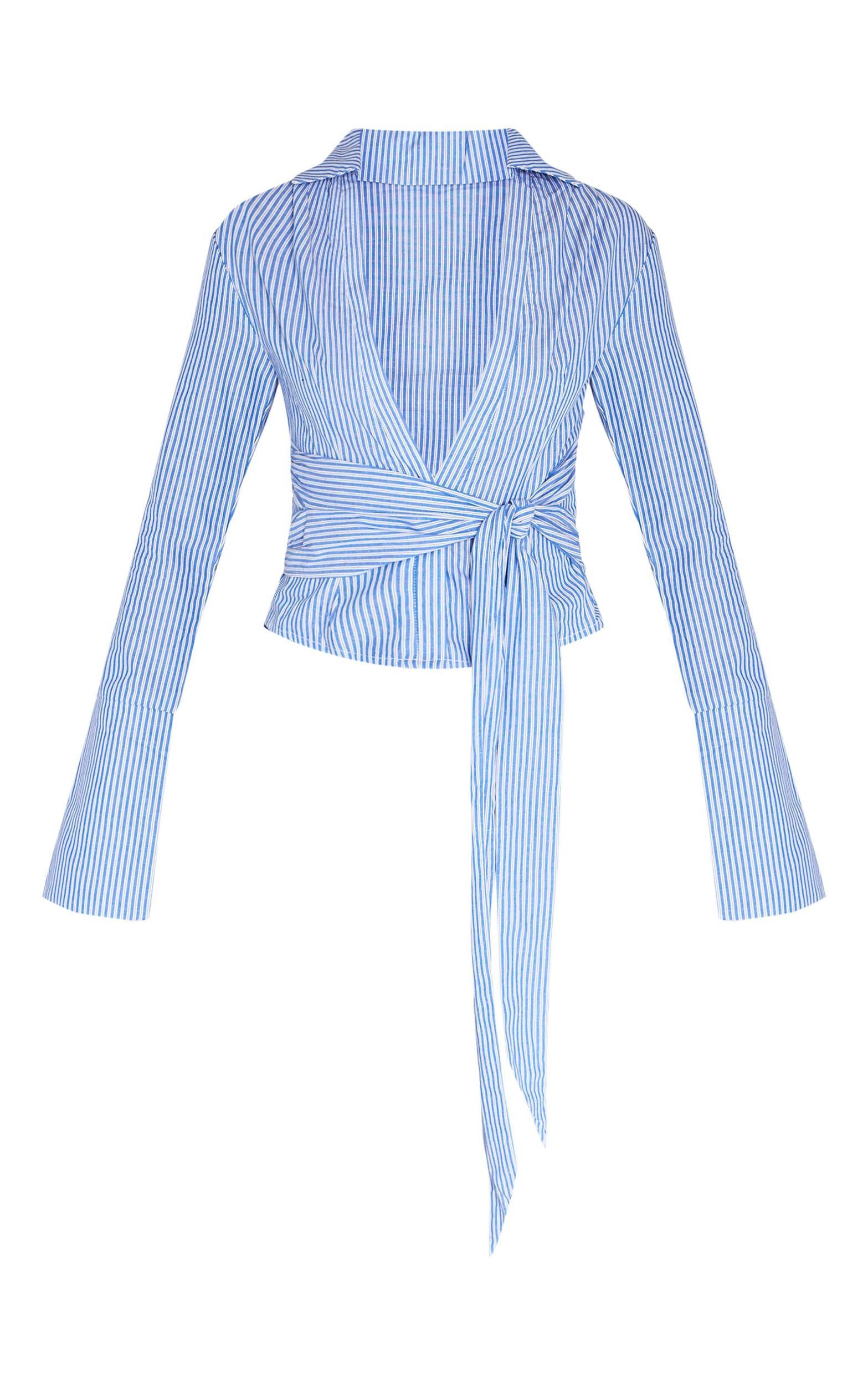 Blue Striped Cinched Tie Waist Shirt Product Image