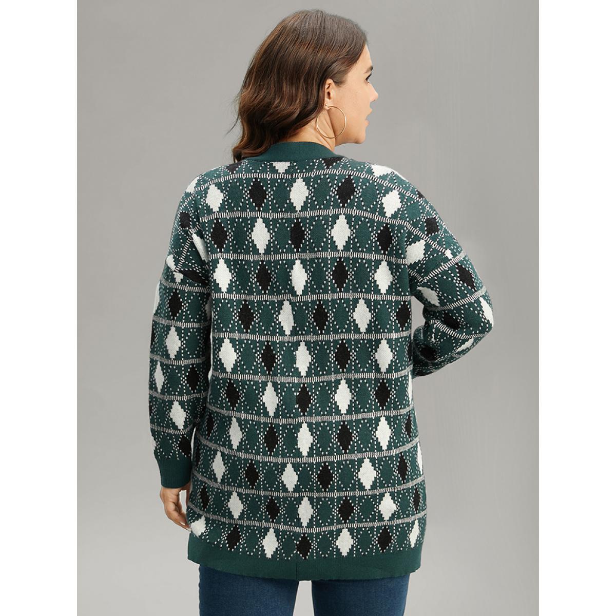 Plus Size Supersoft Essentials Christmas Contrast Geometric Cardigan DarkGreen Women Casual Loose Long Sleeve Festival-Christmas Cardigans BloomChic 22-24/3X Product Image