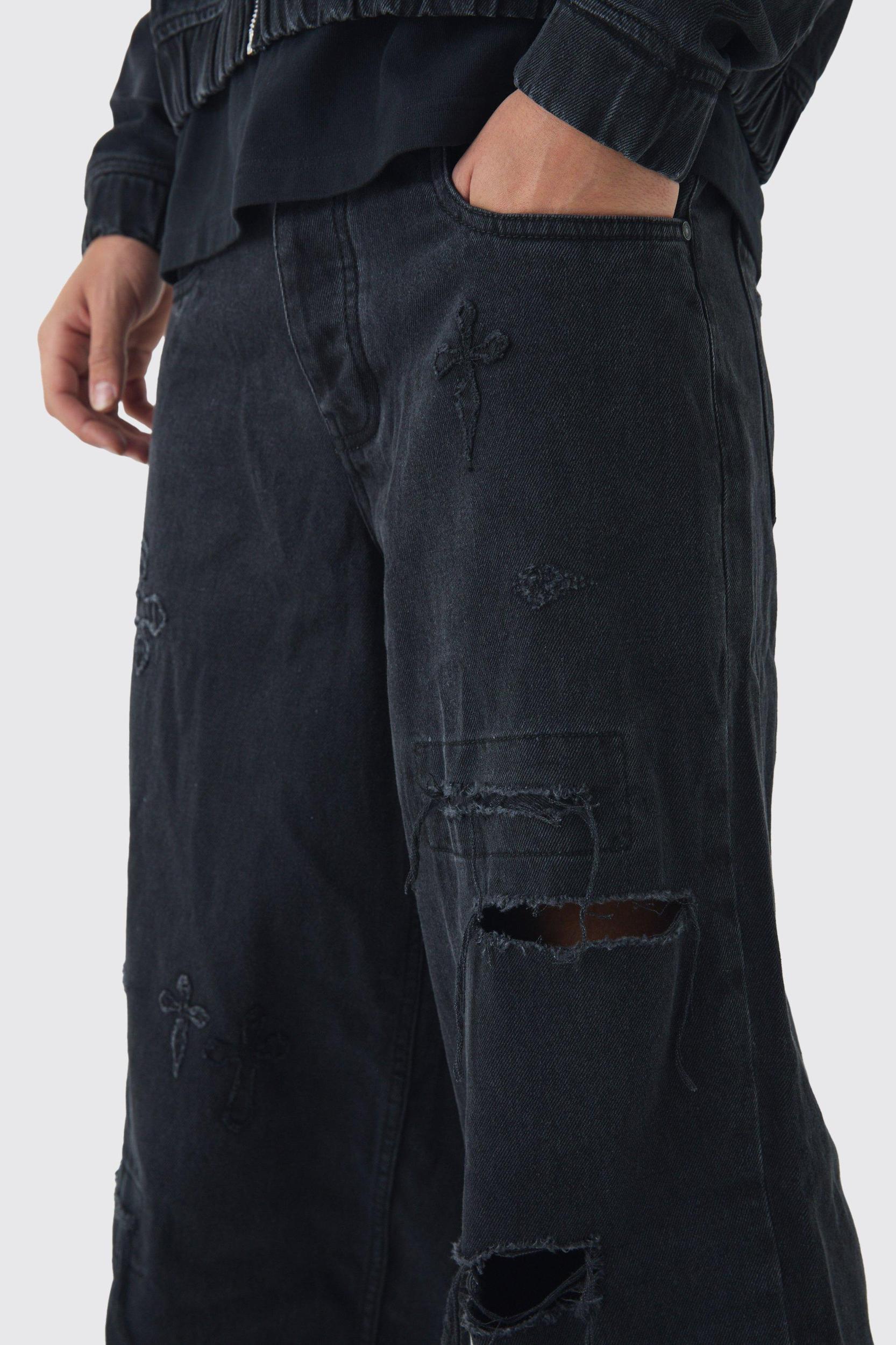Baggy Rigid Cross Applique Denim Jeans | boohooMAN USA Product Image