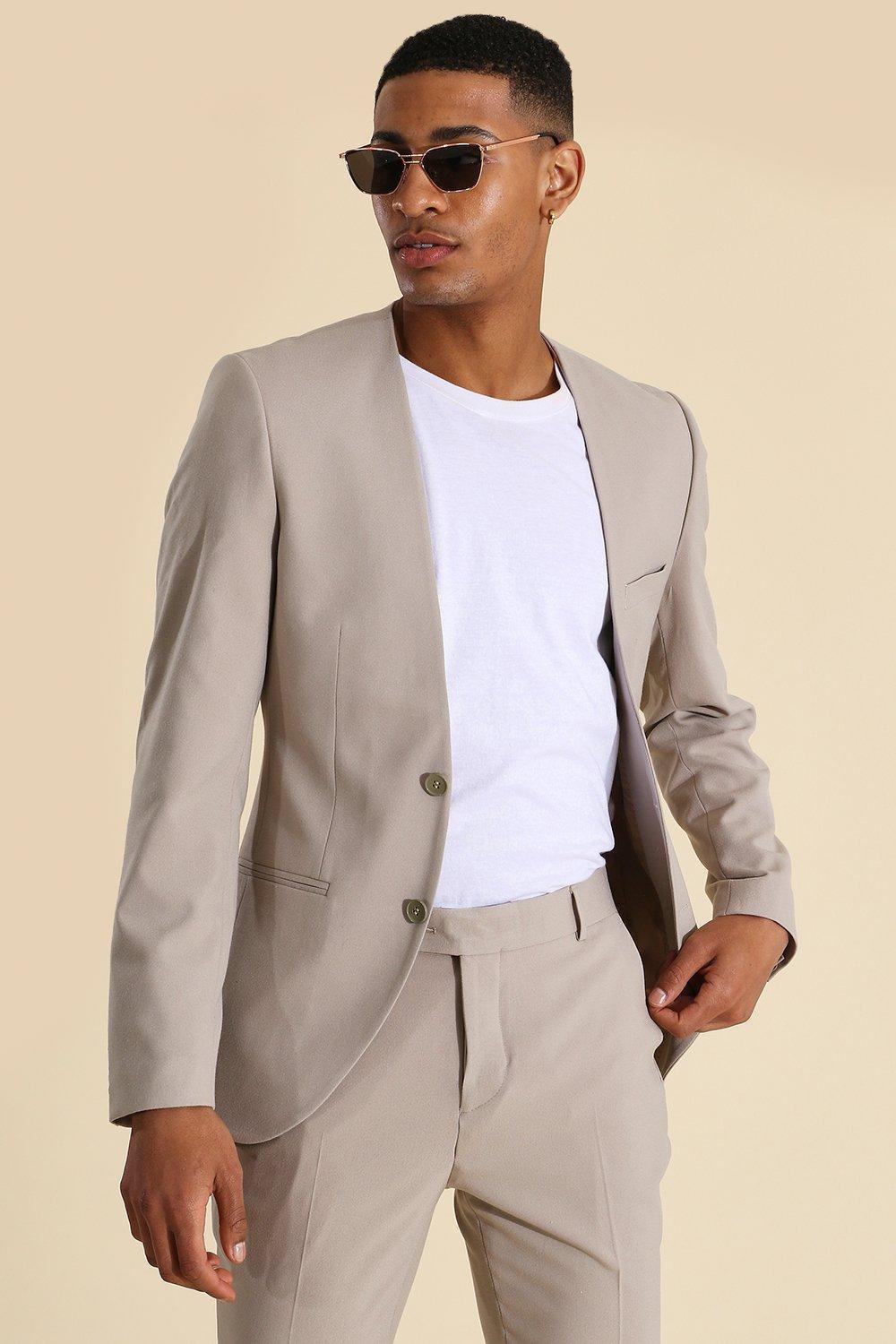 Mens Beige Skinny Fit Collarless Single Breasted Blazer, Beige Product Image