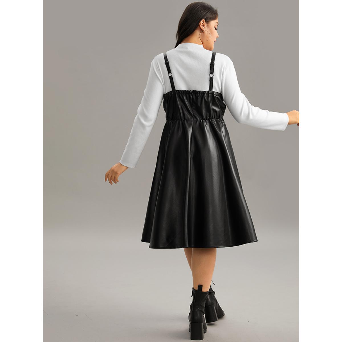 Plus Size PU Leather Elastic Waist Cami Dress Black Women Casual Plain Spaghetti Strap Sleeveless Curvy Midi Dress BloomChic 28/5X Product Image