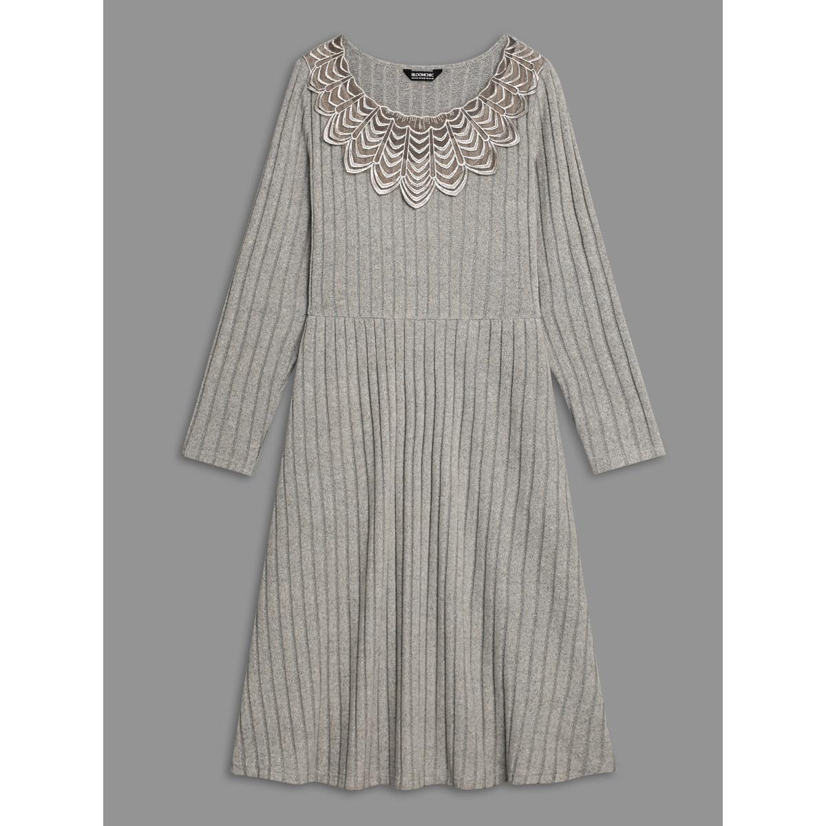Plus Size Lace Neck Patchwork Ribbed Knit Dress LightGray Women Elegant Woven ribbon&lace trim Knit Dresses Bloomchic 14-16/1X Product Image