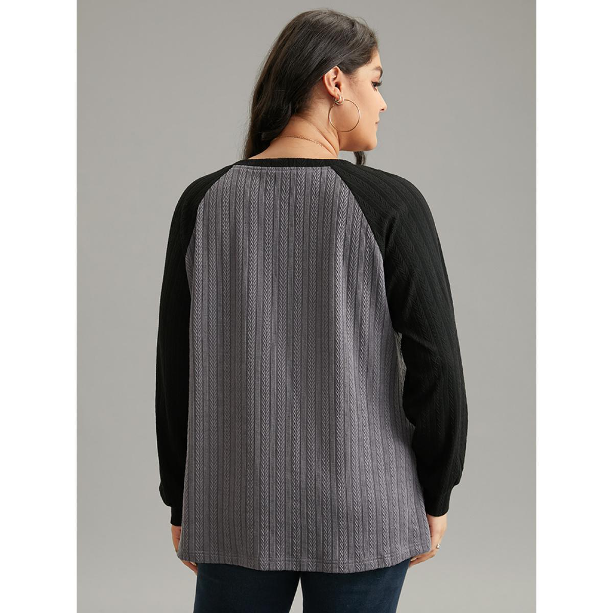 Plus Size Textured Contrast Button Detail Raglan Sleeve Sweatshirt Women Gray Casual Texture V-neck Dailywear Sweatshirts BloomChic 22-24/3X Product Image