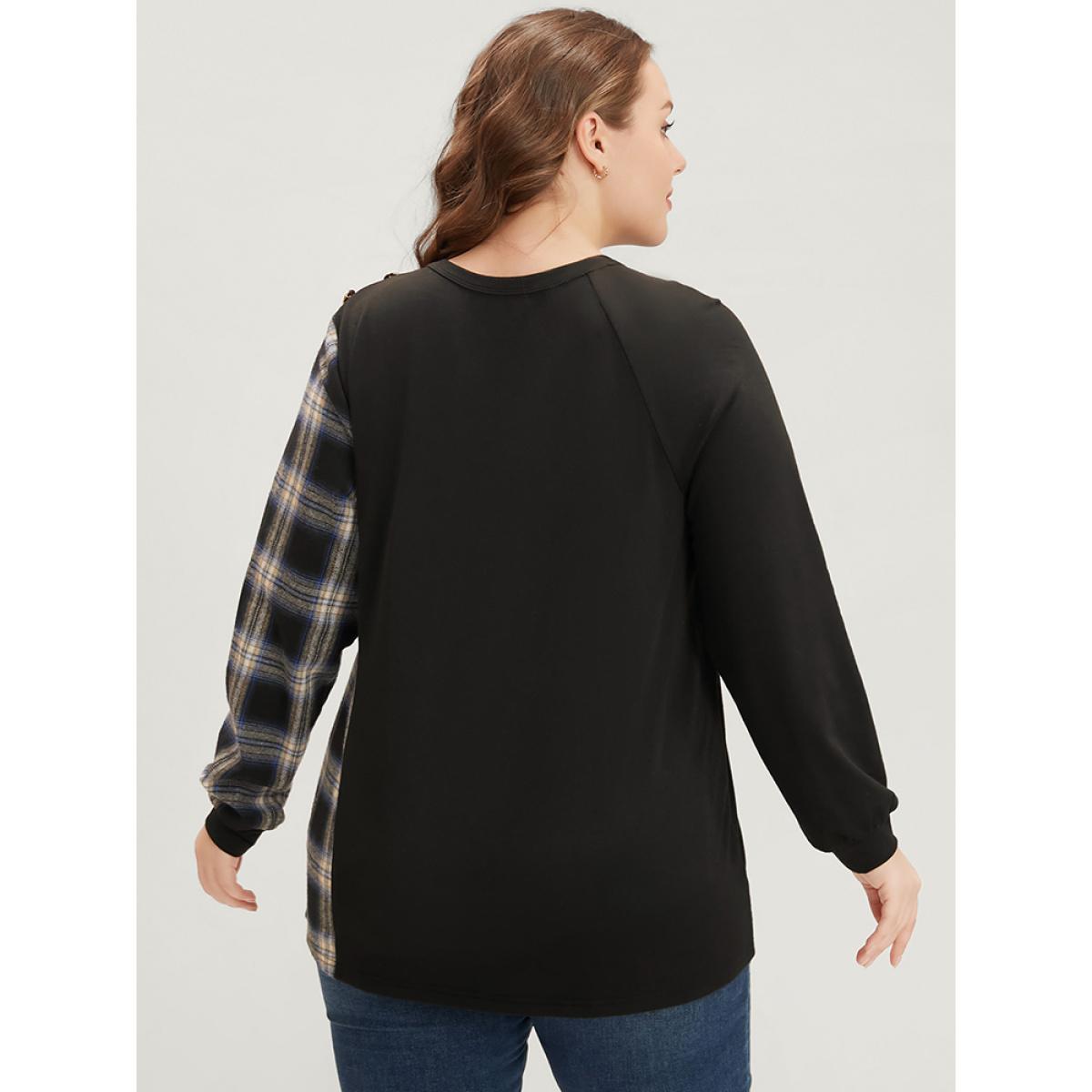 Plus Size Tartan Patchwork Button Detail Round Neck Sweatshirt Women Black Casual Contrast Round Neck Dailywear Sweatshirts BloomChic 22-24/3X Product Image