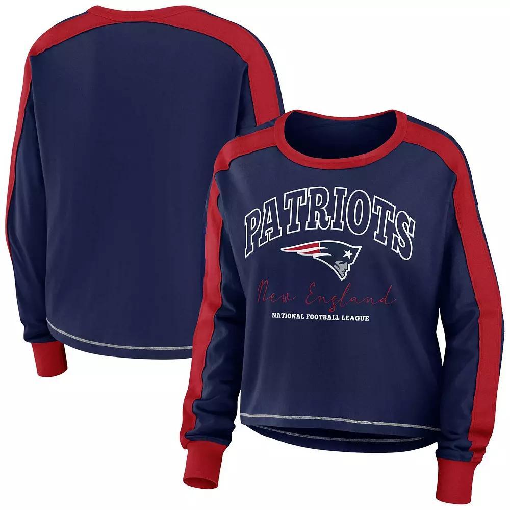 Women's WEAR by Erin Andrews Navy/Red New England Patriots Color Block Modest Crop Long Sleeve T-Shirt, Size: Large, Blue Product Image