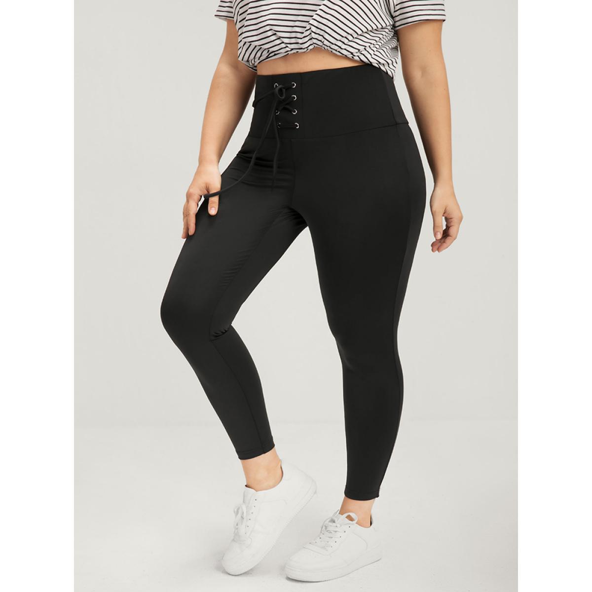 Plus Size Plain Wideband Waist Lace Up Skinny Leggings Women Black Casual High stretch Skinny High Rise Dailywear Leggings BloomChic 18-20/2X Product Image