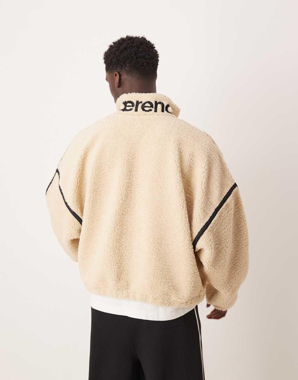 ASOS DESIGN extreme oversized boxy fleece sweater with half zip and embroidery in ecru borg Product Image