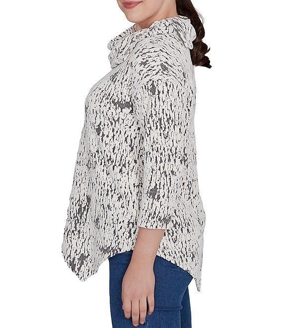 Ruby Rd. Knit Faux Fois Bois Print Split Cowl Neck 3/4 Sleeve Asymmetric Hem Sweater Product Image