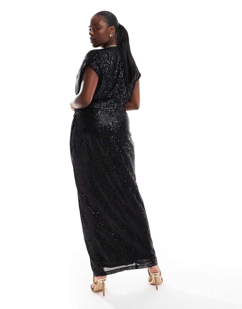 TFNC Plus sequin wrap maxi dress in black Product Image
