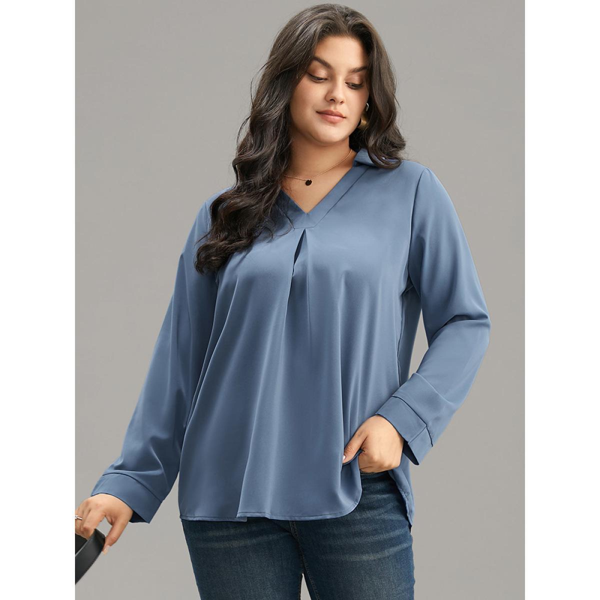 Plus Size Stone Anti-Wrinkle Plain V Neck Plicated Detail Blouse Women Office Long Sleeve V-neck Work Blouses BloomChic 10/M Product Image