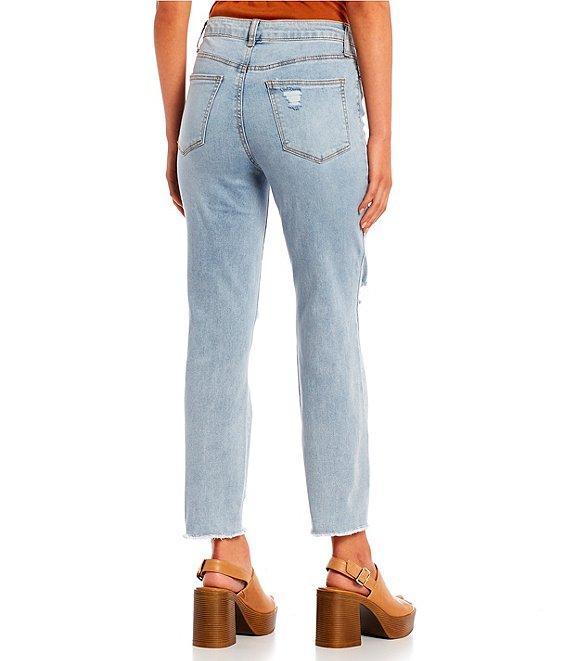 Hippie Laundry Exposed Button High Rise Distressed Slim Straight Leg Jeans Product Image
