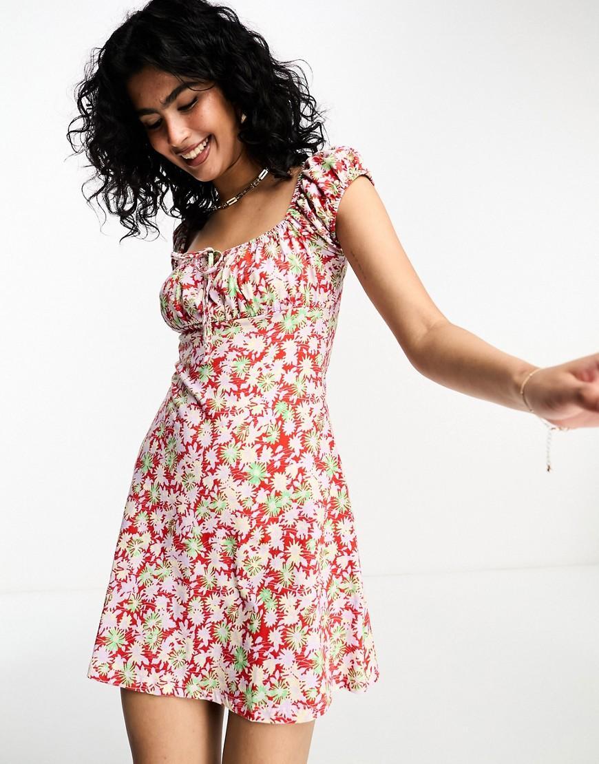 ASOS DESIGN cap sleeve ruched mini dress with tie detail Product Image