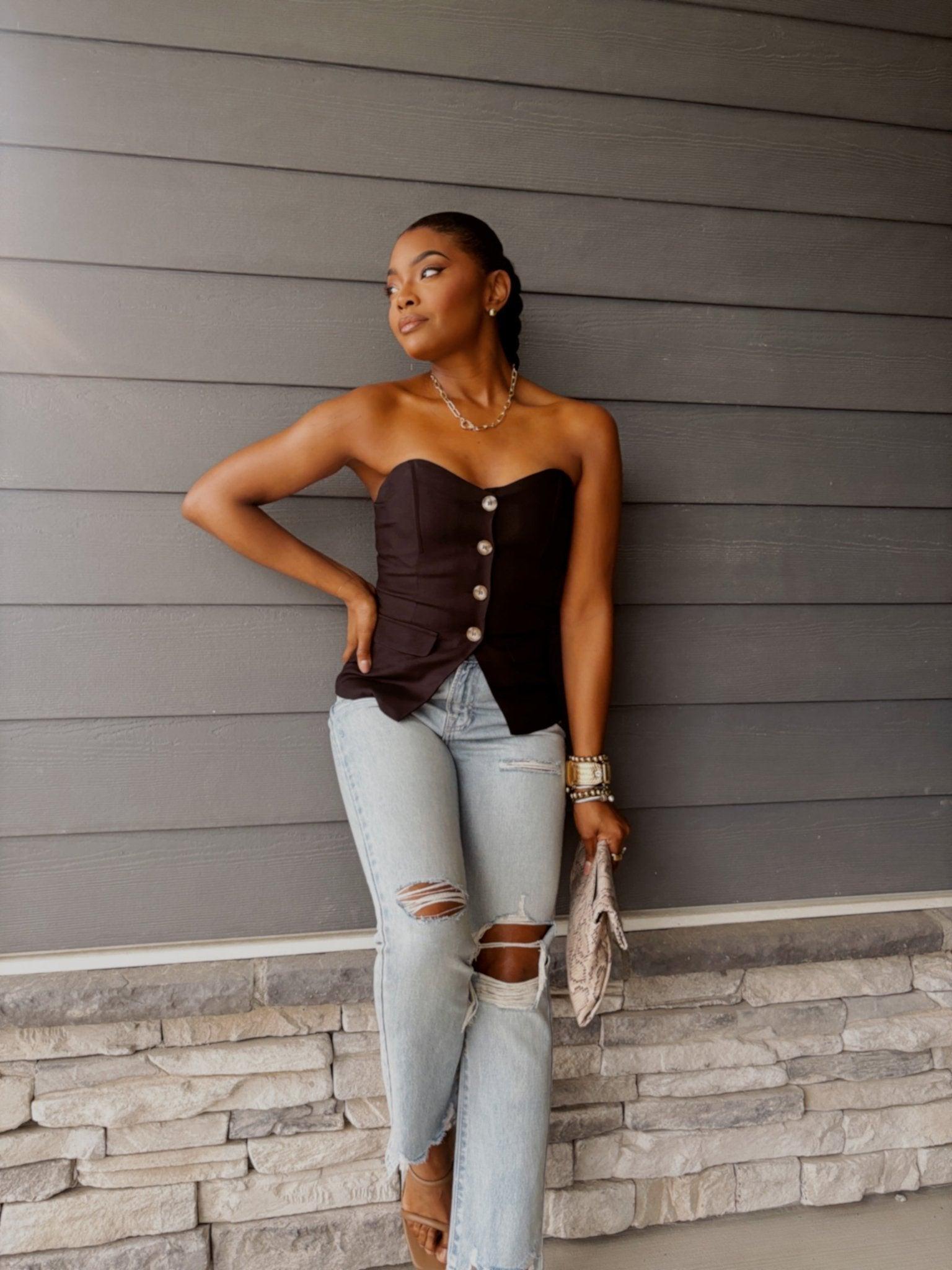 Black Button Front Tube Top Product Image