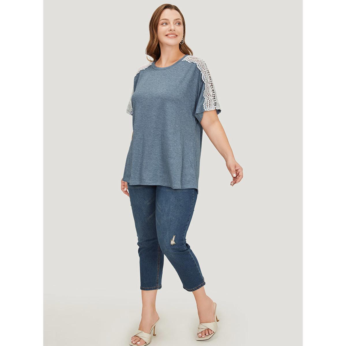Plus Size Solid Contrast Lace Heather T-shirt Stone Women Elegant Heather Plain Round Neck Dailywear T-shirts BloomChic 22-24/3X Product Image