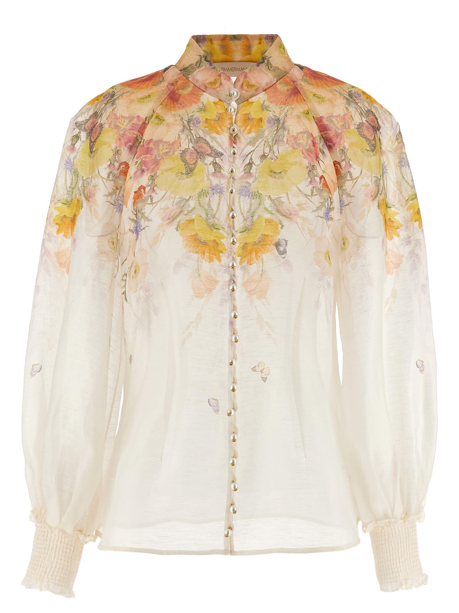 ZIMMERMANN Tranquility Printed Organza Blouse In White Product Image