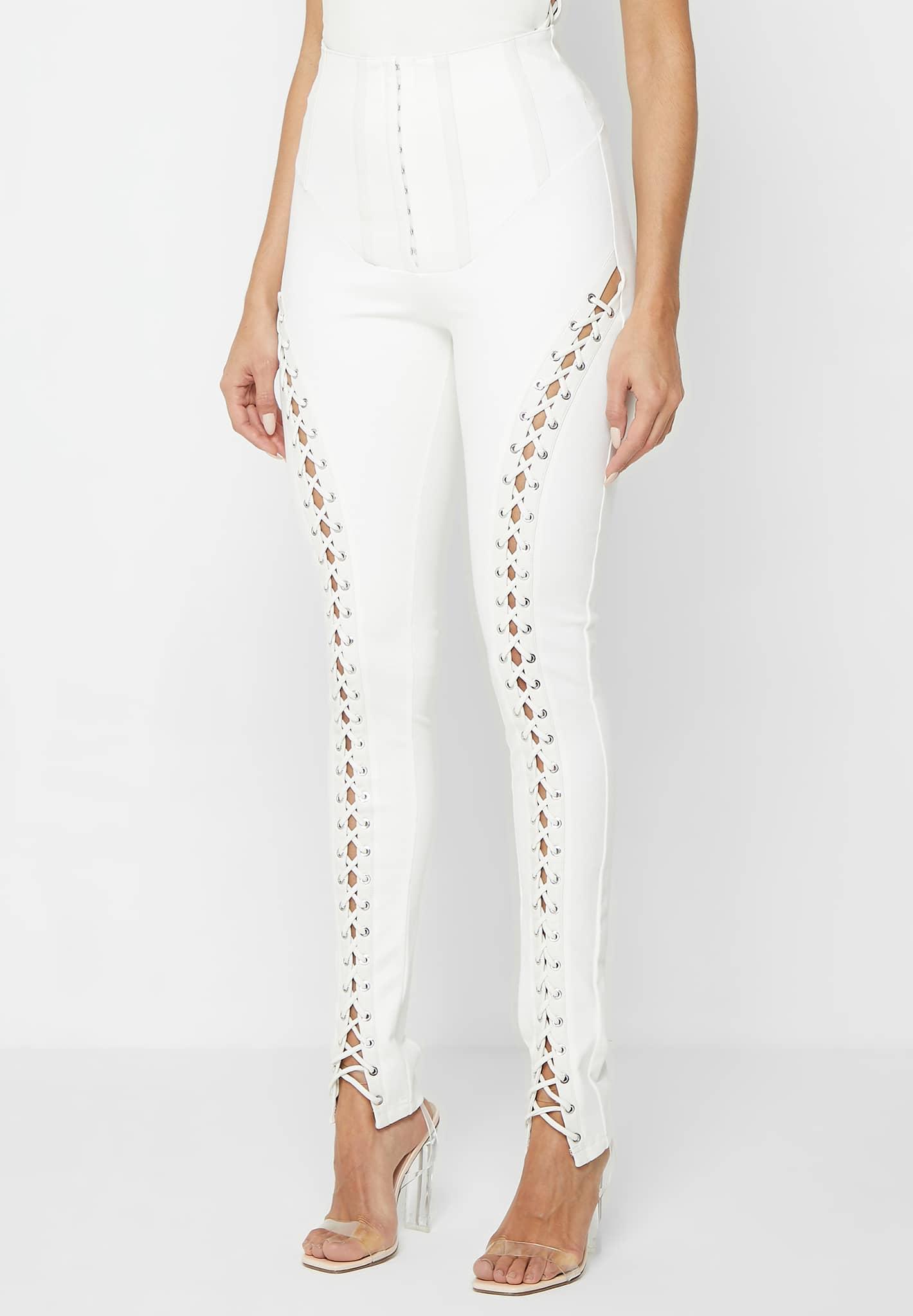 Lace Up Leggings with Corset Detail - White Female Product Image